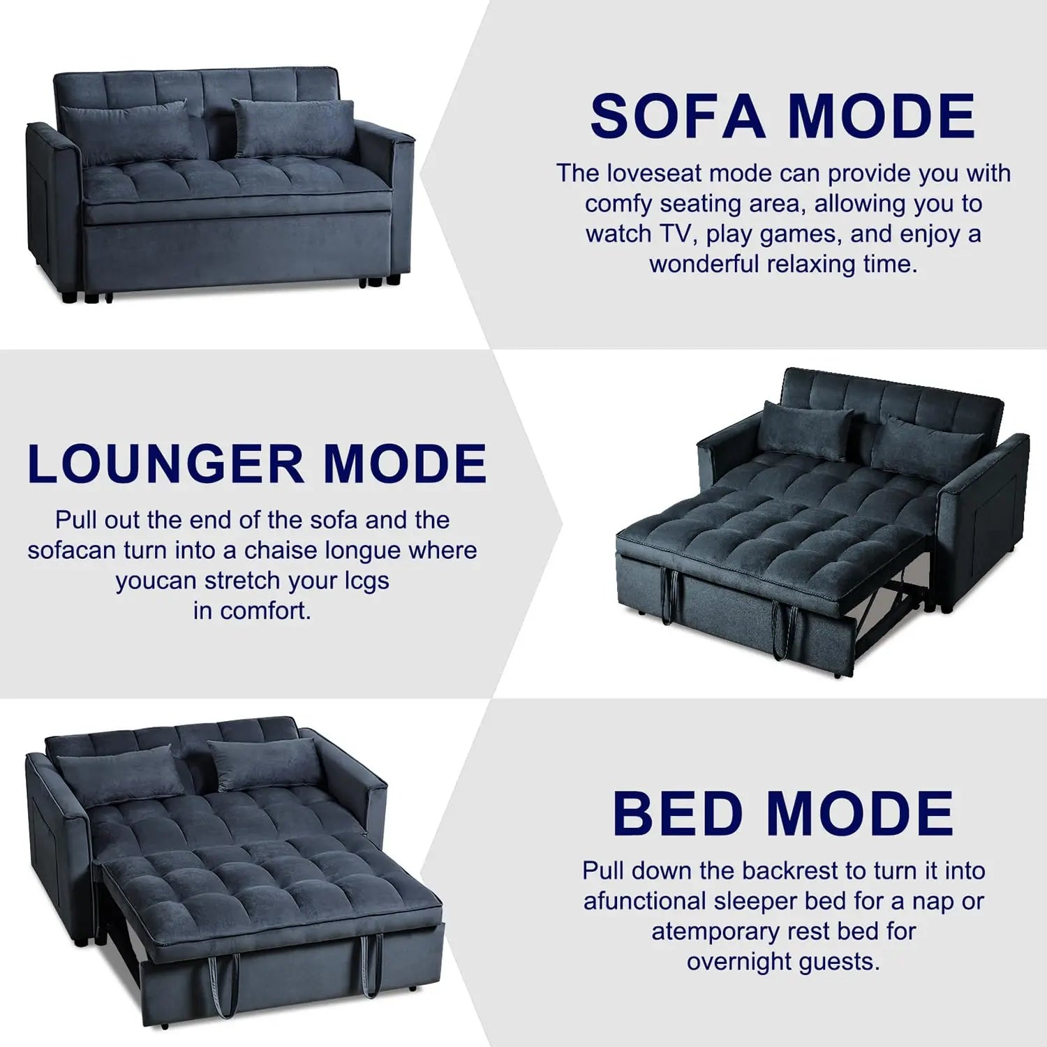 3-in-1 Convertible Sleeper Sofa Bed Adjustable Velvet Pull Out Loveseat Side Pocket Living Room Black Customized |...