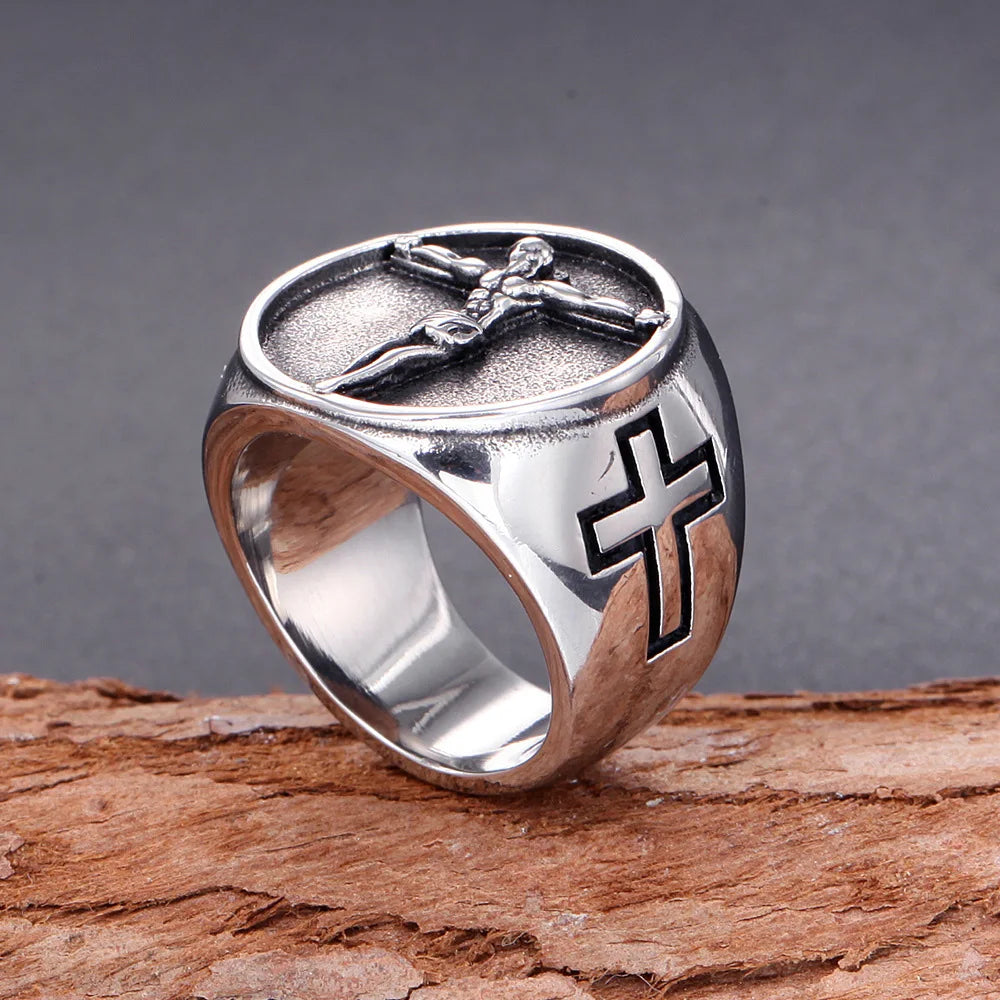 Vintage Catholic Jesus Cross Ring Men Punk Hip Hop Stainless Steel Biker Jesus Signet Rings Jewelry Amulet Gift Wholesale