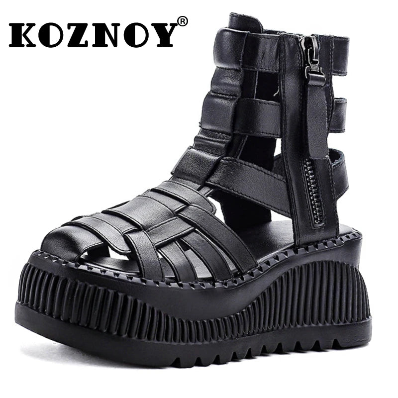 Koznoy 8cm 2025 Ethnic Weave Cow Genuine Leather Hollow Zip Summer Fashion Ankle Booties Women Chunky Heels Breathable...