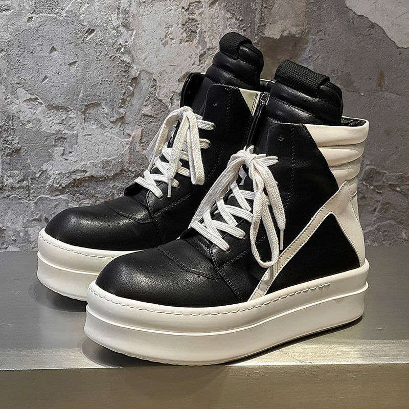 Men Black White High Top Board Shoes Side Zipper Height Increase Anti Slip Wear-resistant Comfortable Fashionable Boots