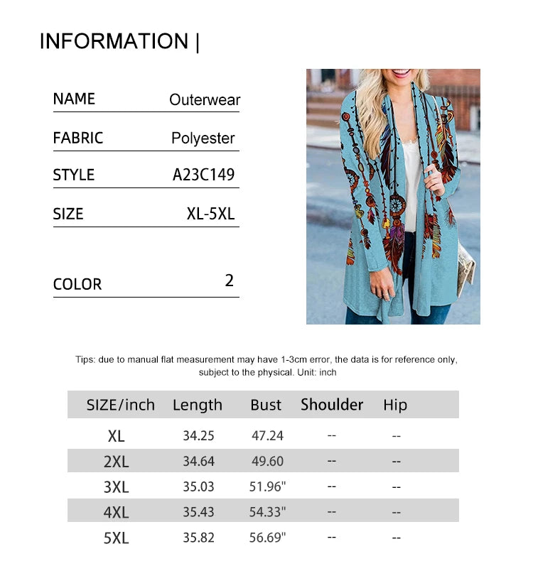 Plus Size 2024 Autumn New Women's Fashion Long Sleeve Retro Feather Print Jacket Cardigan Casual Loose