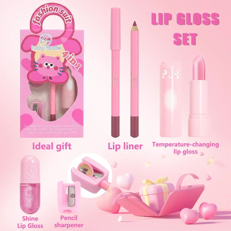 4 pcs Set Of Rich Lip Color Lipliner Lipstick Set Mirror Water Natural Long-Acting Lip Color Pearl Lip Glaze Christmas...