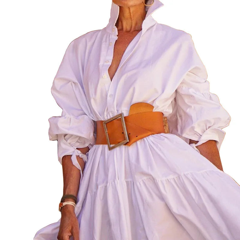 Casual Long Sleeve V-Neck Dress Women's Fashionable Autumn Midi Length A-Line Dress Street Style High Waist Button...
