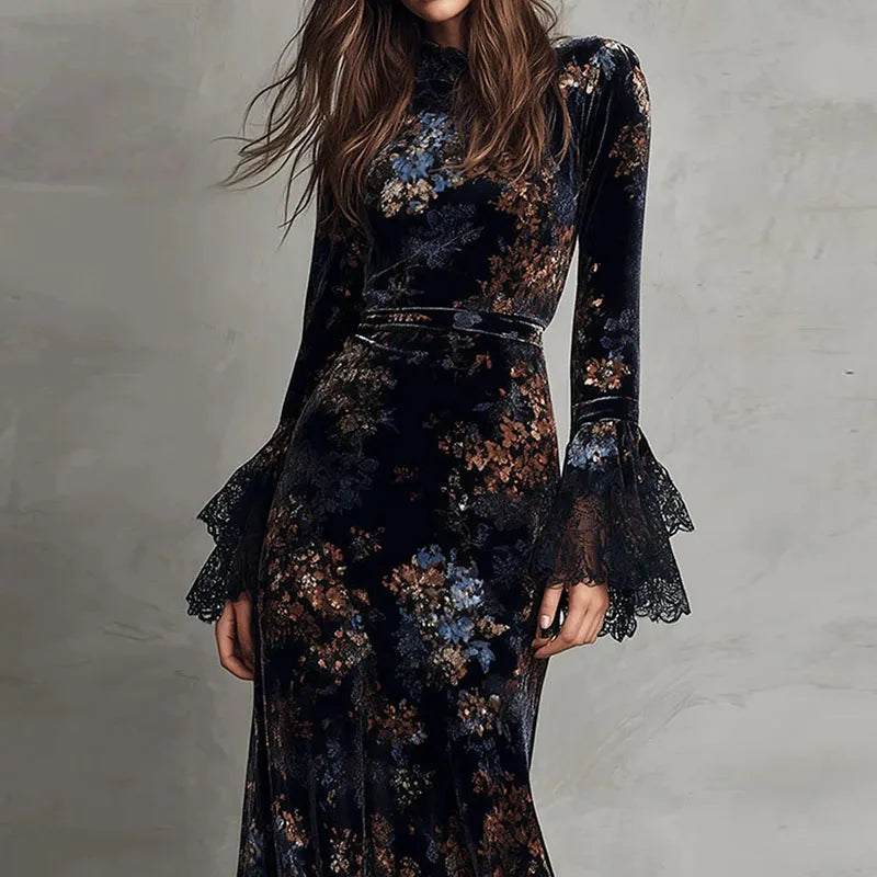 Retro New Floral Print Velvet Long Dresses Woman Sexy O Neck High Waist Evening Dress Autumn Long Sleeve Spliced Lace...