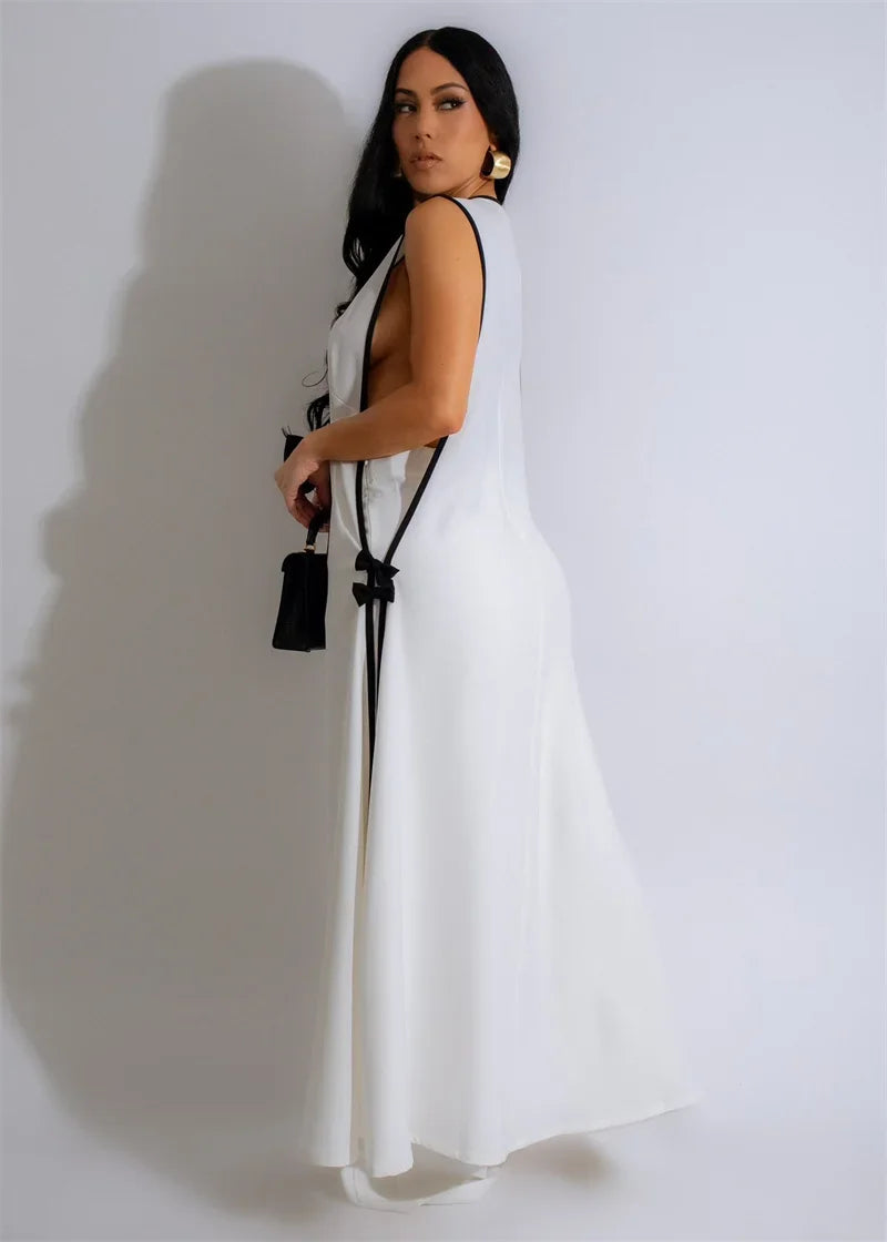 Bow Tie Appliques V-neck Sleeveless Long Top and Wide Leg Pants Matching Sets Women Two Piece Set Elegant Vintage Club Outfits - Kimlud