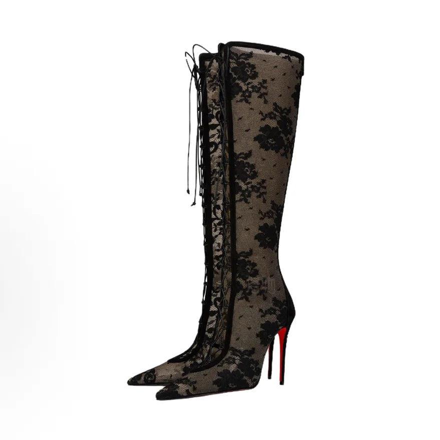 Women Lace Mesh Knee High Boots Pointed Thin Stiletto Heel Lace Up Sexy Evening Party Slim Tall Fashion High Heel Long Boots