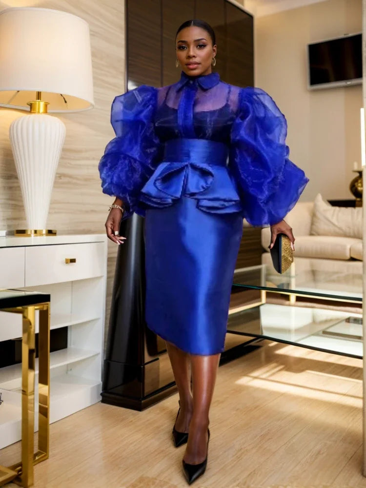 Fashion Party Style Long Sleeved Blue See Through Mesh 2-piece Set for Women's Spring Office Sexy Club Party Birthday Skirt Set