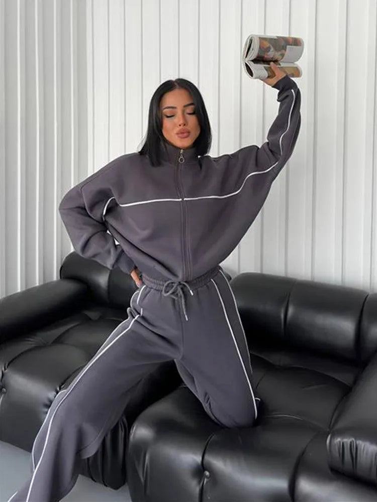New 2 Piece Sets Women Outfit Casual Pant Set Sportswear Long Sleeve Cardigan Lace Up Clothing Two Piece Suits Zipper Sweatshirt - Kimlud
