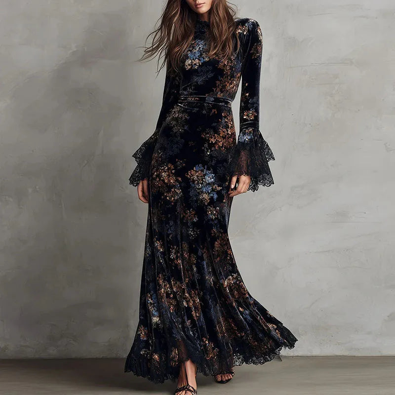 Retro New Floral Print Velvet Long Dresses Woman Sexy O Neck High Waist Evening Dress Autumn Long Sleeve Spliced Lace...