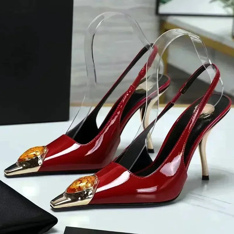 Luxury Metal Jewel Decoration Heels Women 2025 Sexy Pointed Toe Patent Leather Women Pumps Elegant Banquet High Heeled Sandals - Kimlud