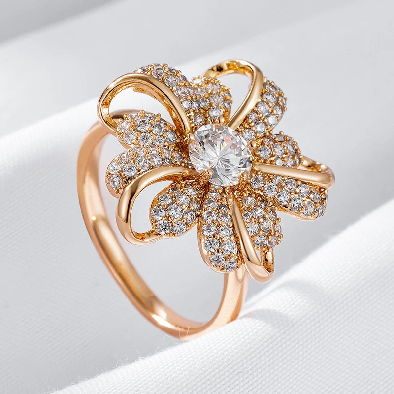 Kinel Hot 585 Rose Gold Color Big Crystal Flower Rings for Women Full Shiny Natural Zircon Accessories Modern Daily Fine Jewelry