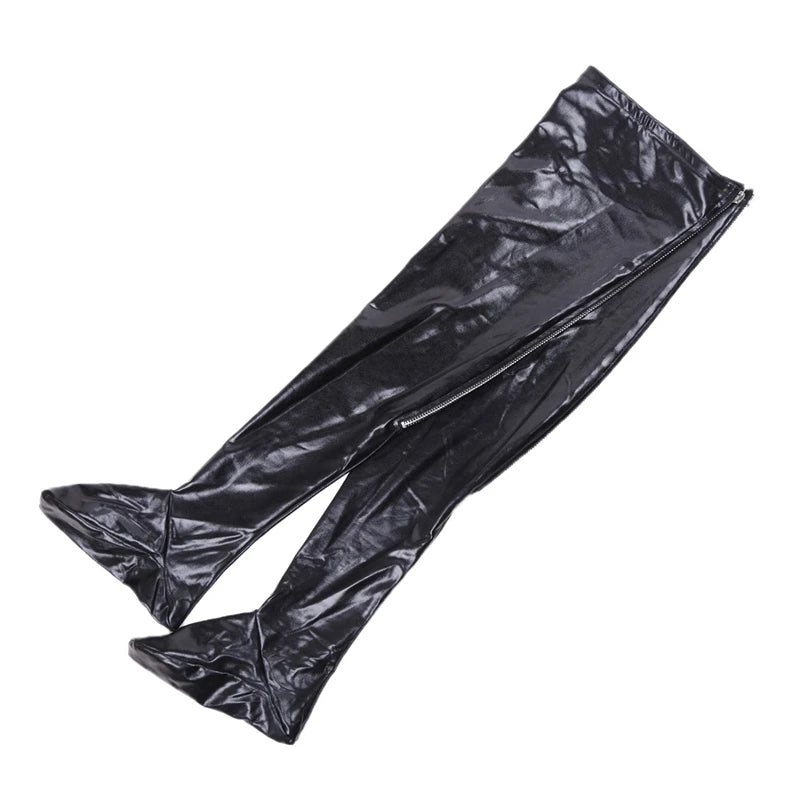 XXL Plus Size PVC Leather Thigh High Stockings Back Zipper Silicone Hold Up Party Club Medias Women Pole Dance Motorcycle Outfit