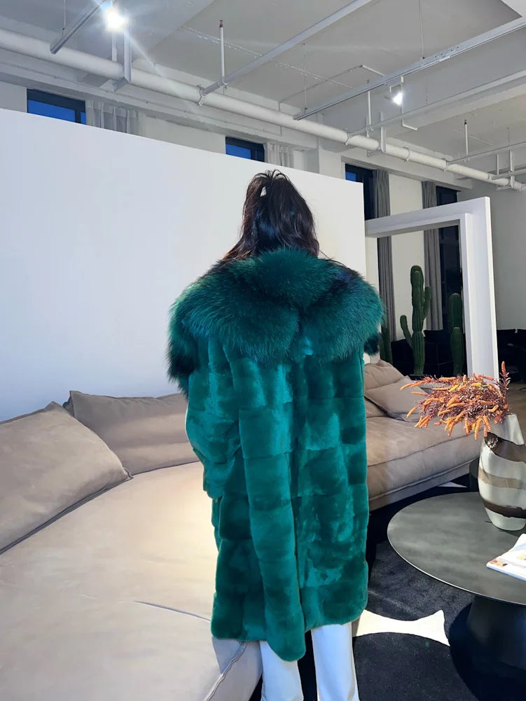 2023 New Winter Women Real Rex Rabbit Fur Coat Long Luxury Jacket with Super Large Raccoon Fur Collar Ladies Fashion Overcoat