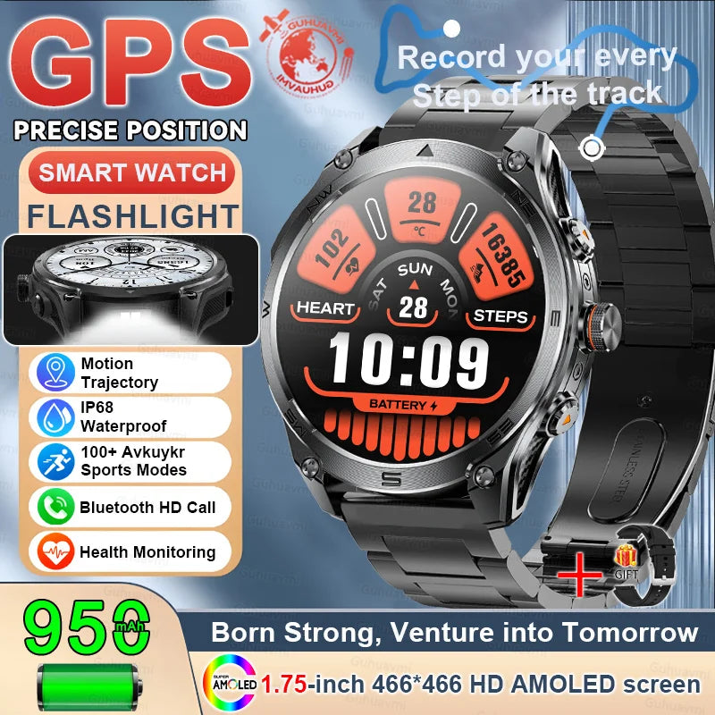 2025New GPS Sports Smart Watch AMOLED Flashlight 950Mah Battery IP68 Waterproof Fitness Trackr BT Call Smartwatch For Men Women