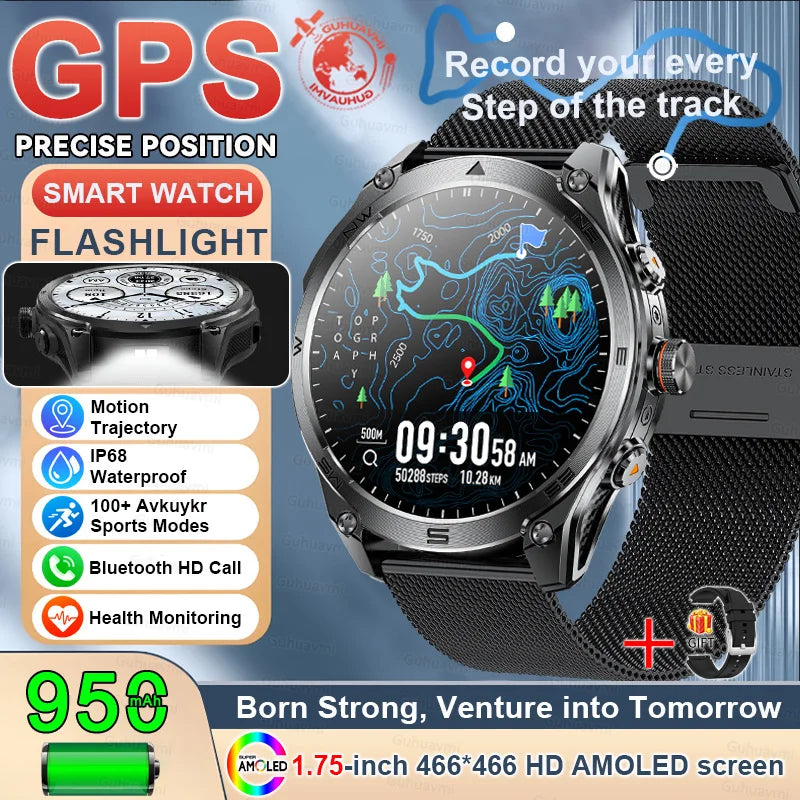 2025New GPS Sports Smart Watch AMOLED Flashlight 950Mah Battery IP68 Waterproof Fitness Trackr BT Call Smartwatch For Men Women