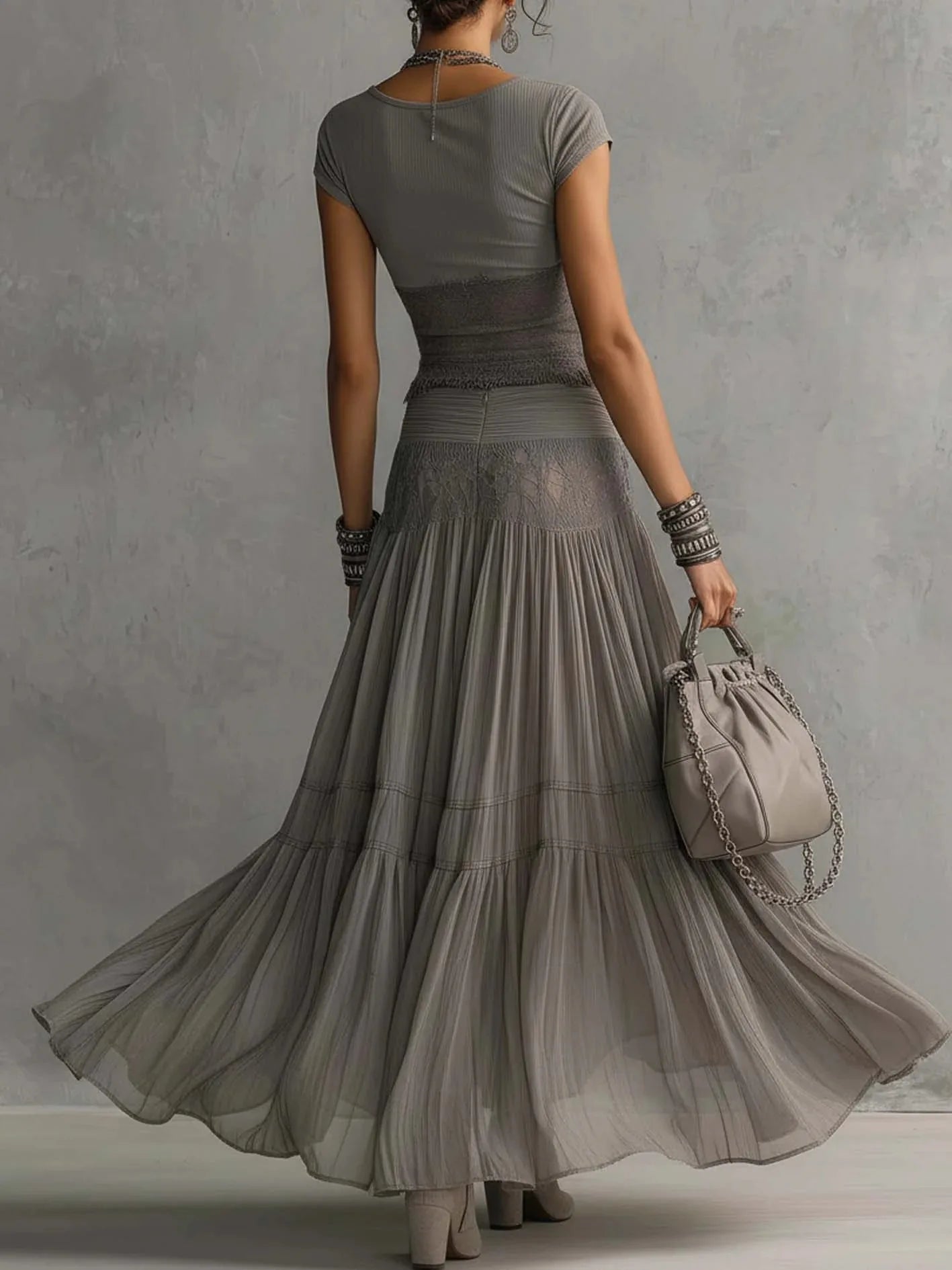 Chic Women Maxi Dress 2 Pieces Sets Solid Slim Fit Short Sleeved Top with Lace Splice Drawstring Elasticity High Waisted Skirt