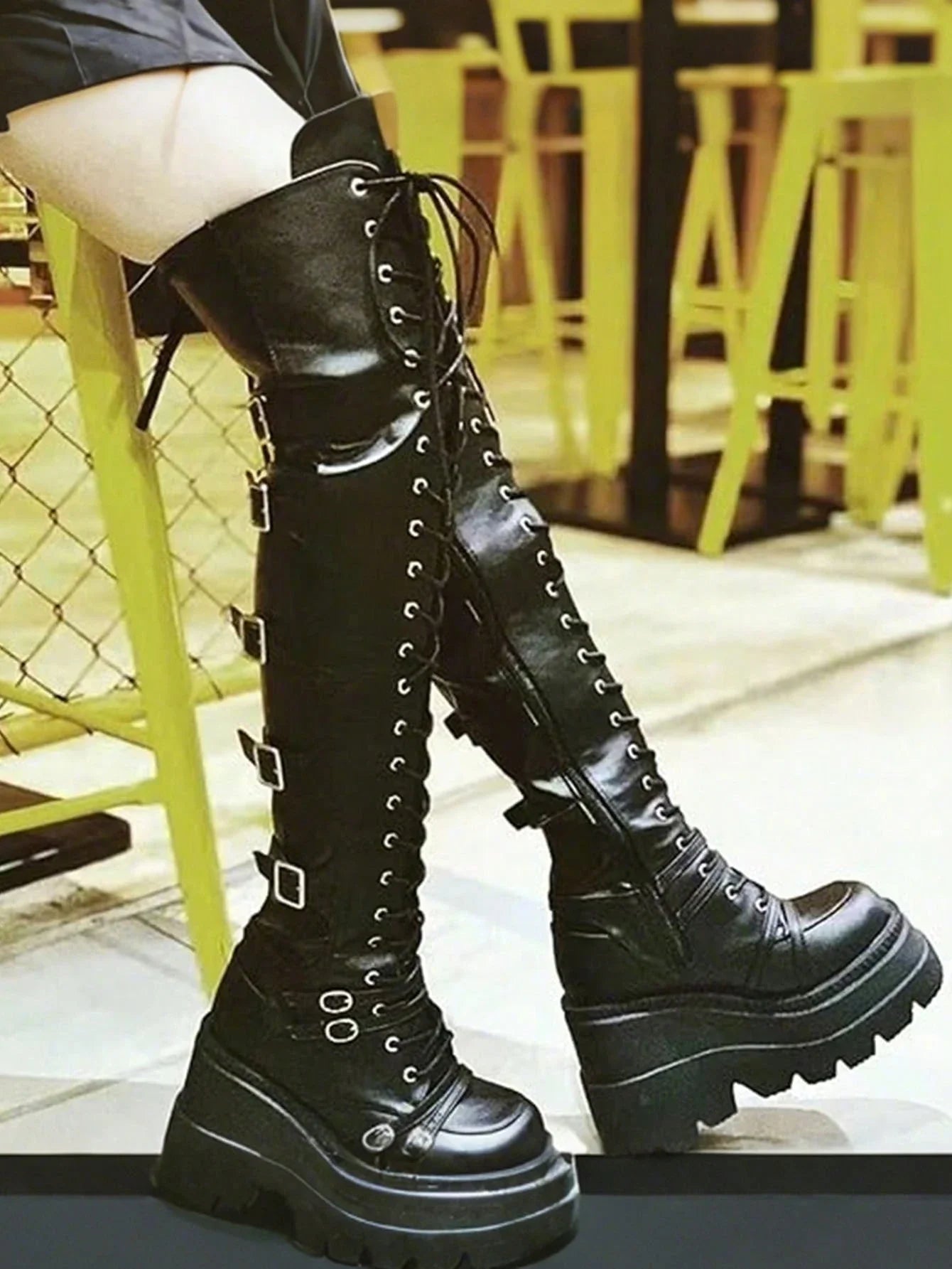 Gothic Over The Knee Boots Y2k Chunky Heel Lace Up Combat Booties Metal Buckle Punk Women Cosplay Holloween Dress Shoes