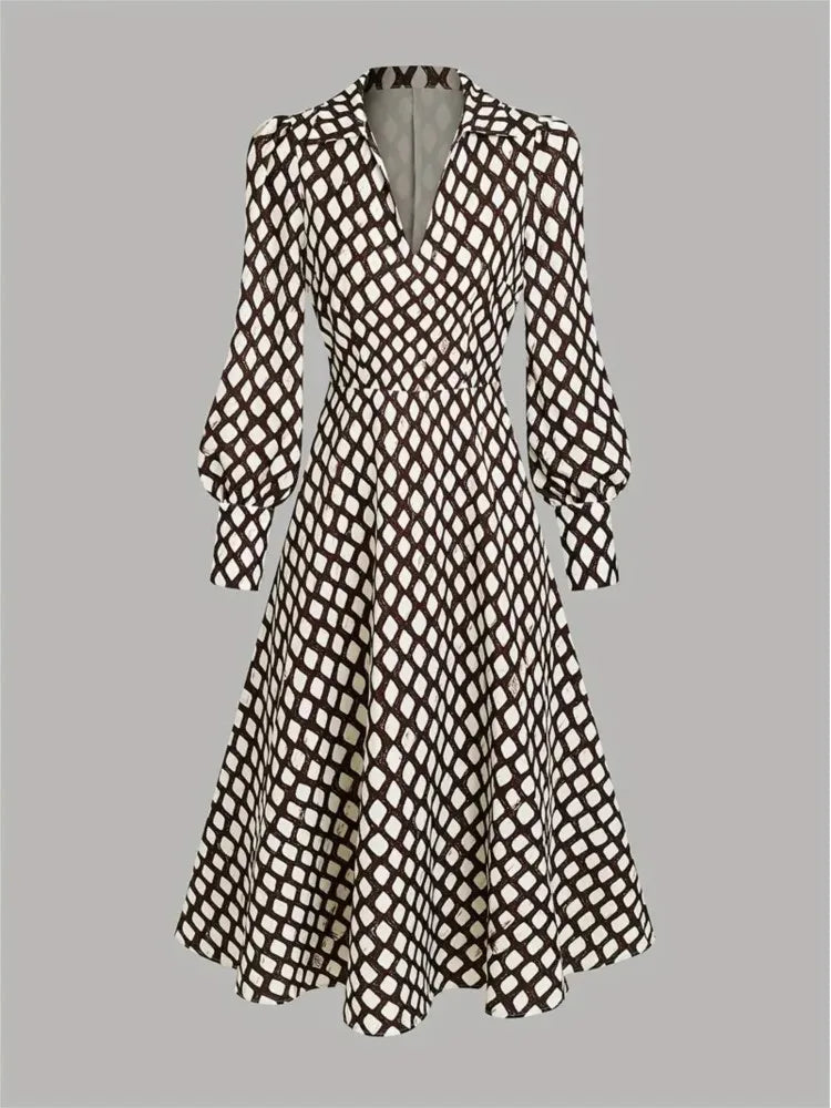 Lantern Long Sleeve Dress New Style Lapel Print Women's Long Sleeved Elegant Lapel Collar Dress Casual And Comfortable...