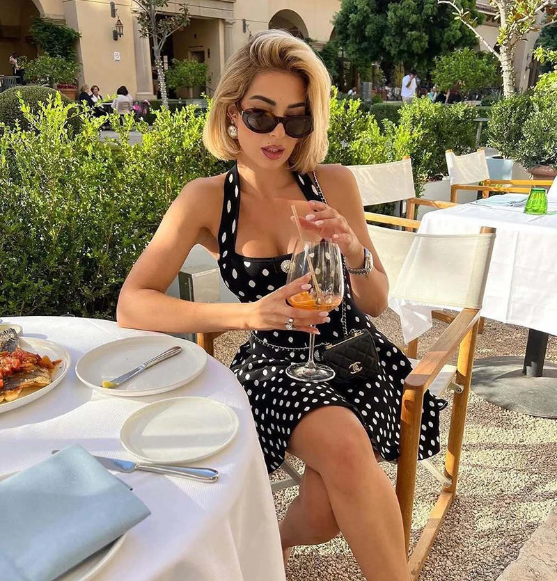 Mozision Halter Backless Polka Dot Dress For Women Fashion Square Collar Sleeveless High Waist A-line Knit Mini Dress Elegant