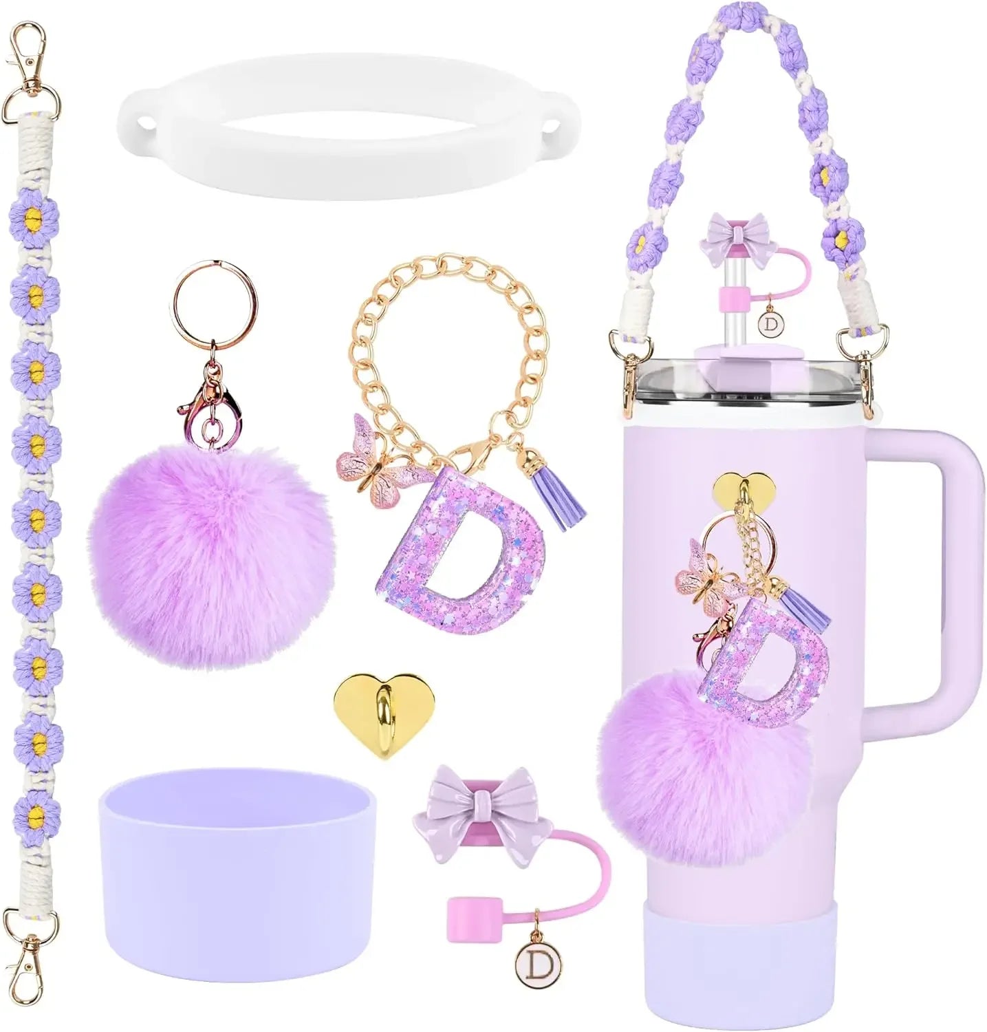 7PCS Accessories Set for Stanley Cup Purple Straw Topper Cup Boot Water Bottle Handle Strap Letter Charms 40oz 30oz Tumbler