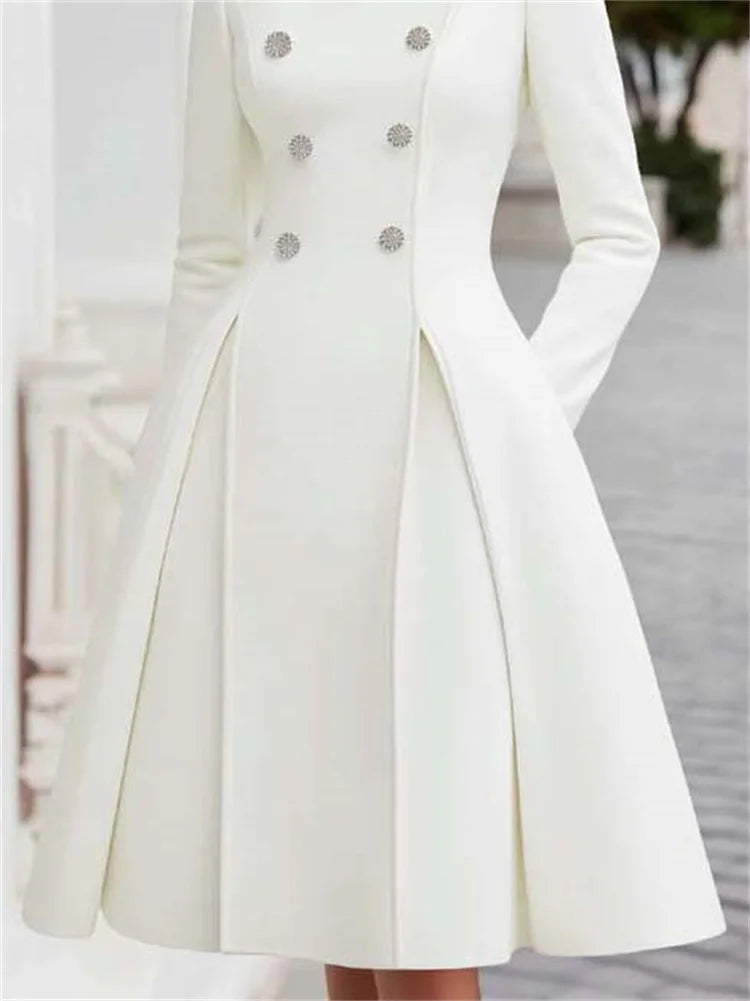 2026 New Women's Elegant White Evening Coat Dress High Neck Double Breasted Long Sleeves Urban Formal Office A-line...