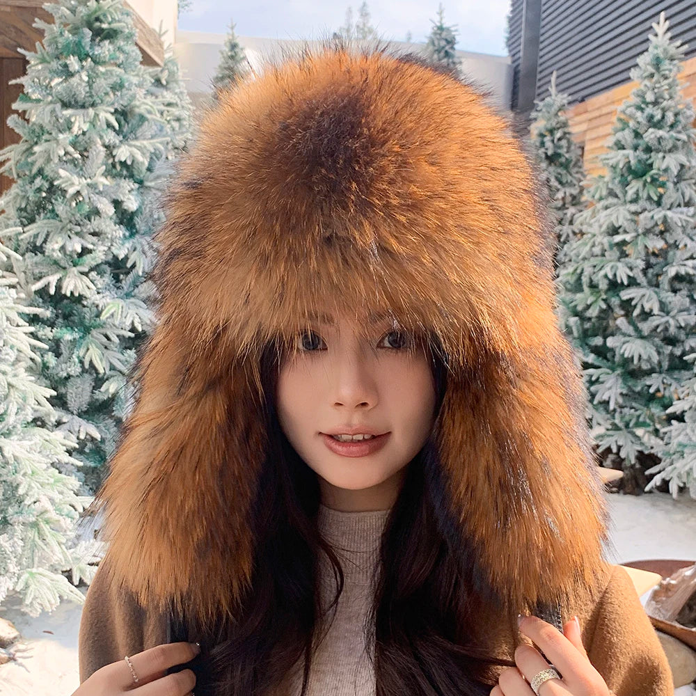 Natural Raccoon Fur Caps Russian Hat Unisex Trapper Fur Cap Aviator Trooper Winter Thickened And Warm Flaps Ski Hat Bomber Hats