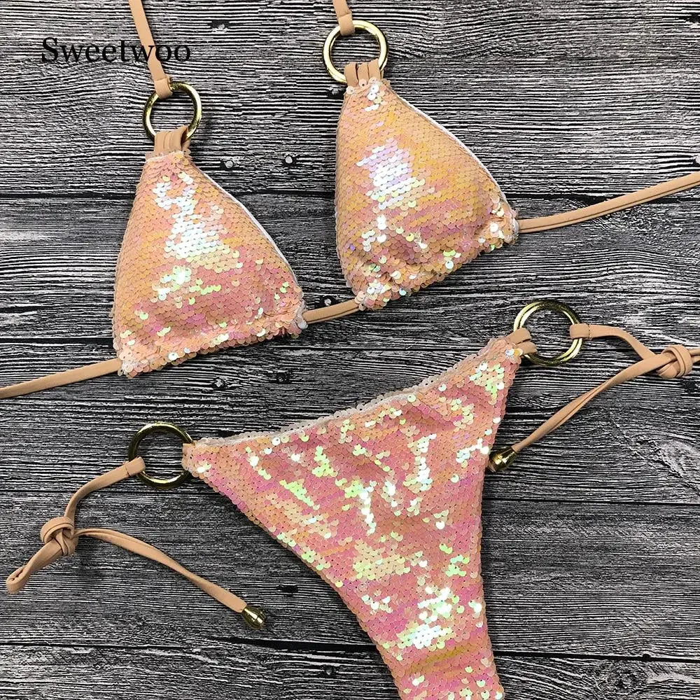 Solid Bikini Sexy Swimsuit Halter Swimwear Bathing Suit Women Bling Sequin Bikini Set Beach Wear Dropshipping Monokini...