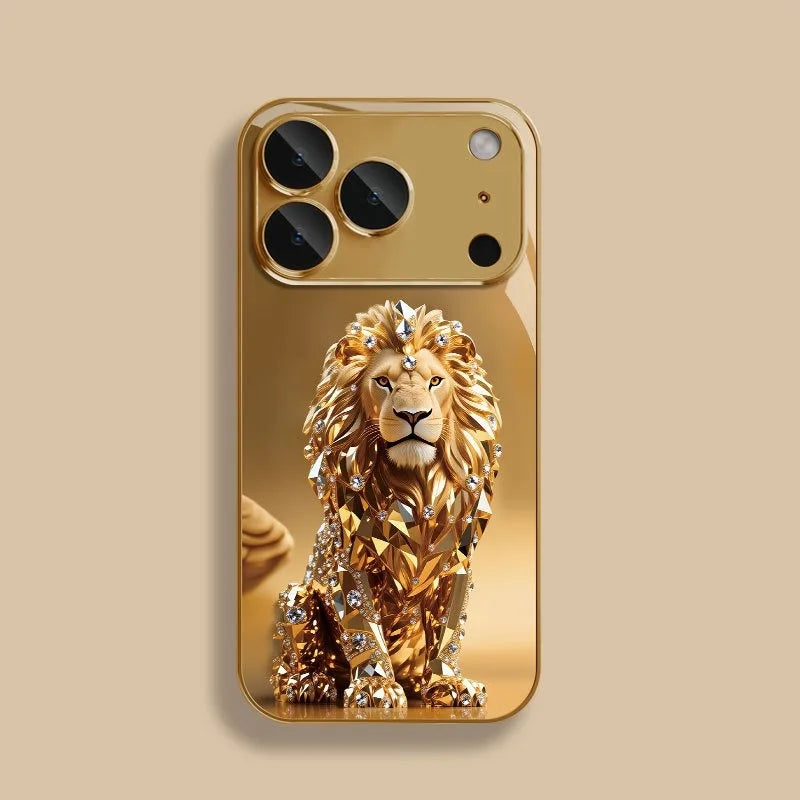Crystal Gold Lion Pattern Gold Metallic Paint Glass Phone Case For iPhone 17 11 12 13 14 15 16 Pro Max 15 Plus 17Air 16E Cover