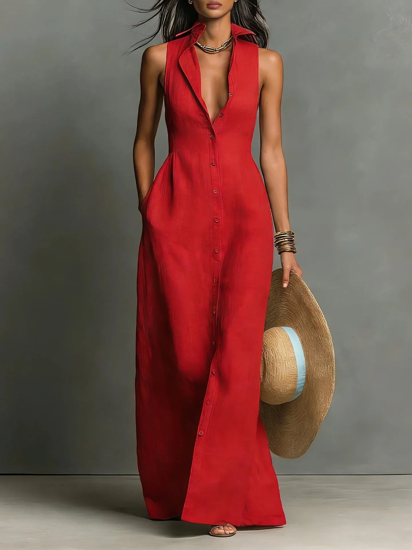 Women Maxi Dress Sleeveless Lapel Collar Button Down Shirt Dress With Pockets Deep V Neck Summer Beach Vacation Long Sundress