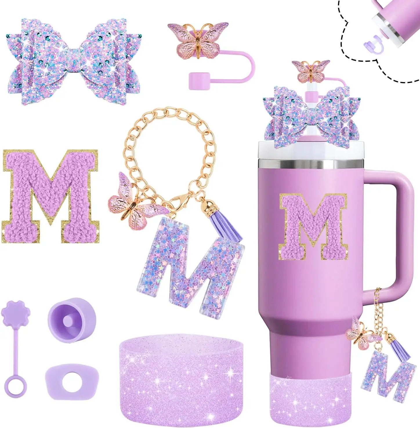 8pcs Cup Accessories Set for Stanley Cup 30oz 40oz tumbler Straw Topper Cover, Boot, Spill Proof Stoppers, Handle Charms Sticker