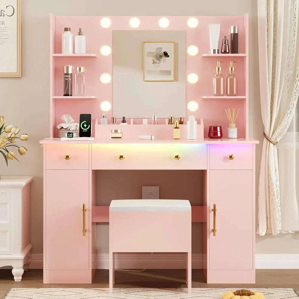 Vanity Desk with Mirror and Lights,Pink Makeup Vanity with Charging Station & Vanity Stool, 3 Drawers and Cabinets White Vanity