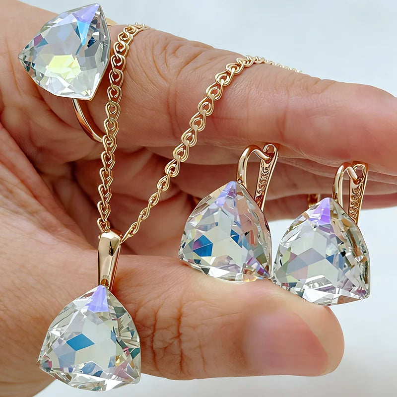 Kienl Hot Triangle Colorful Natural Zircon Ring Earrings Necklace for Women Exquisite 585 Rose Gold Color Wedding...
