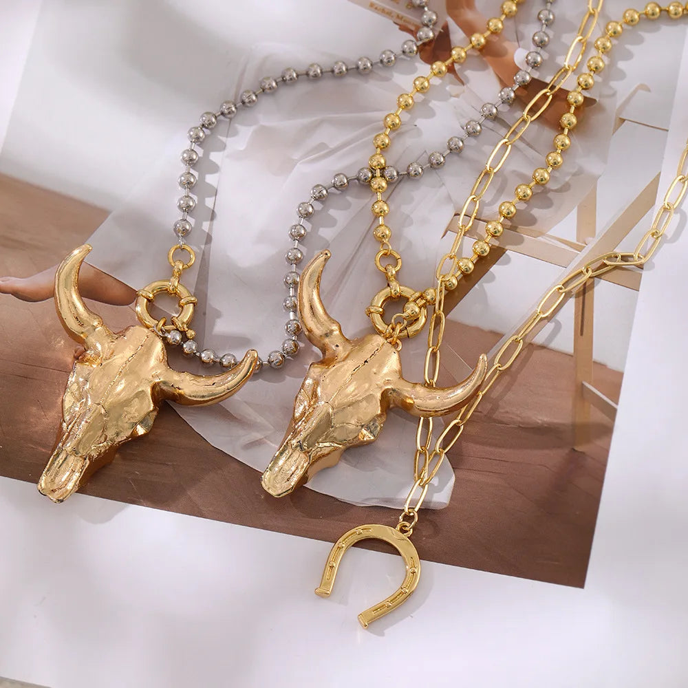 HangZhi Personality Unique New Gold Color Bull Head Horseshoe Pendant Necklace Anniversary Gift for Women Men Chunky...