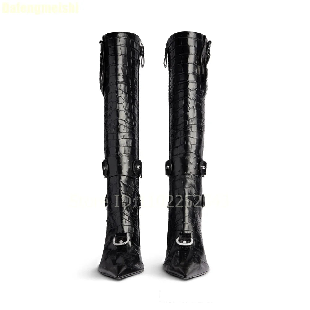 2025 New Stiletto High Heels Crocodile Pattern Boots Fashion B Button Motorcycle Pointed Toe Boots Womens Black Knee-High Boots