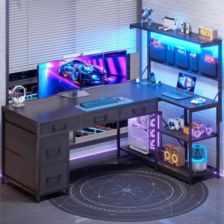 L Shaped Gaming Desk 47.2 Reversible Small Computer Desk with 5 Drawers and Storage Shelves Corner Gaming Desk with LED Lights - Kimlud