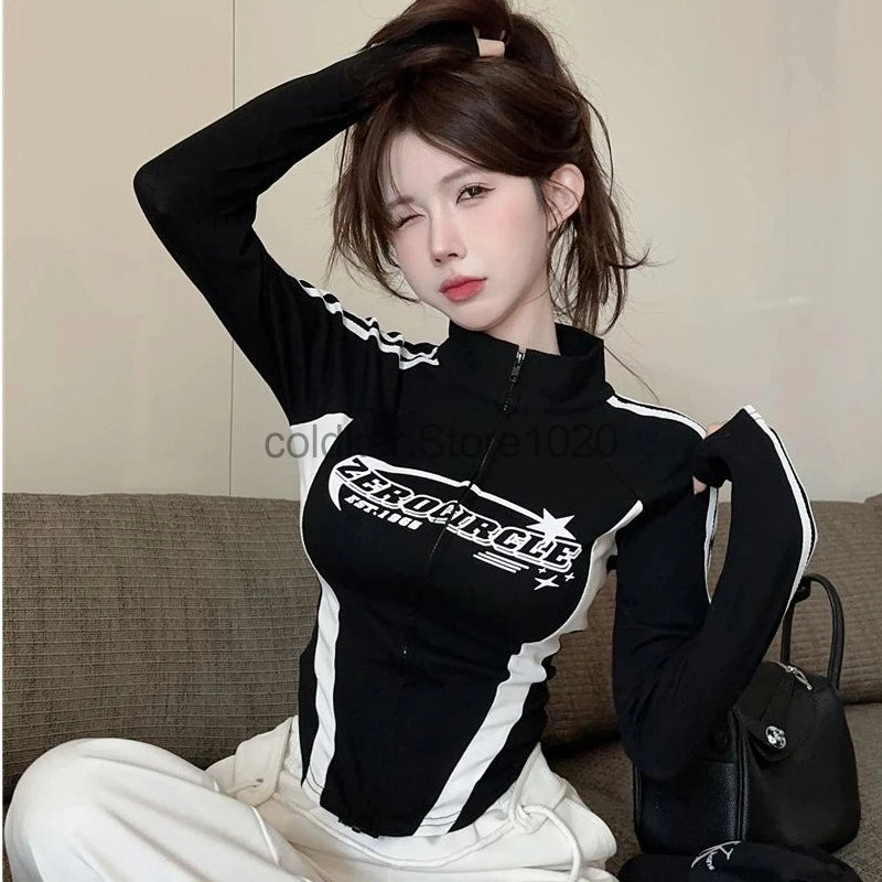 Y2K Korean Vintage Streetwear Women Fashion Letter Print Long Sleeves Sve T-shirt Harajuku Egirl Tops Hot Girl Slim Crop Tops