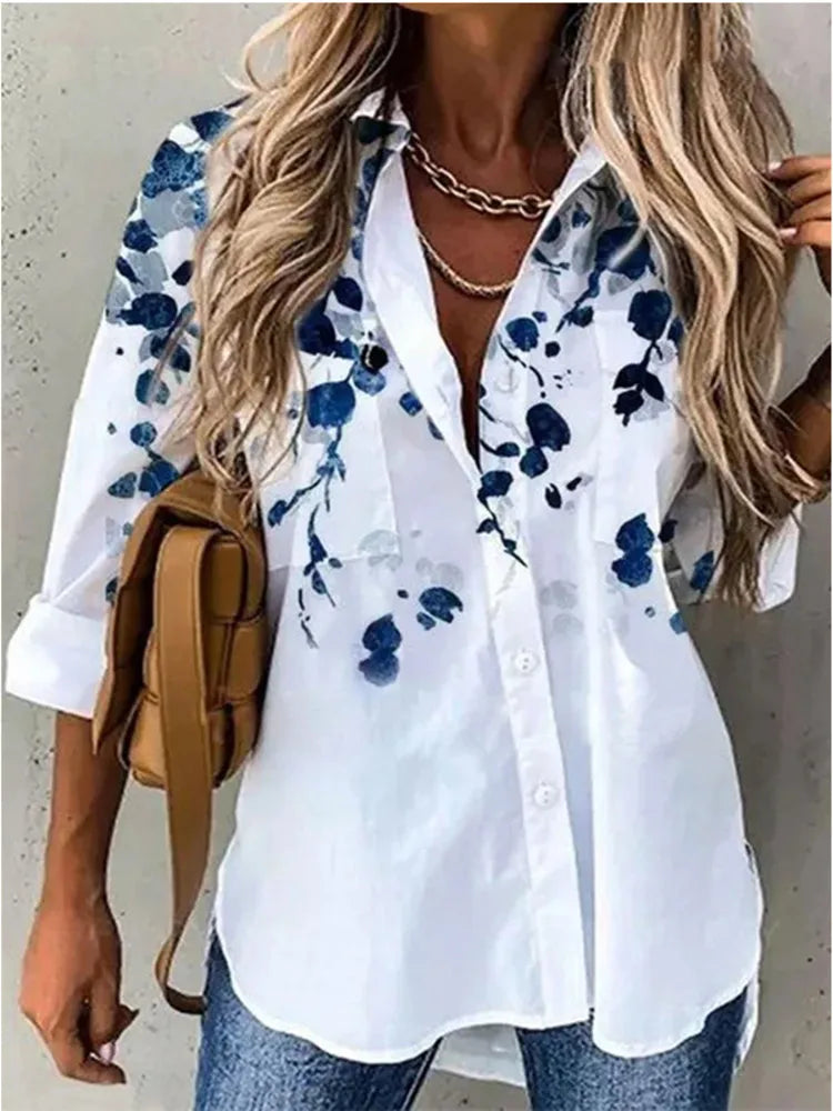 Summer Turn-Down Collar Women Blouse Long Sleeve Shirts Spring Vintage Floral Print Button Casual Blouse Blusas
