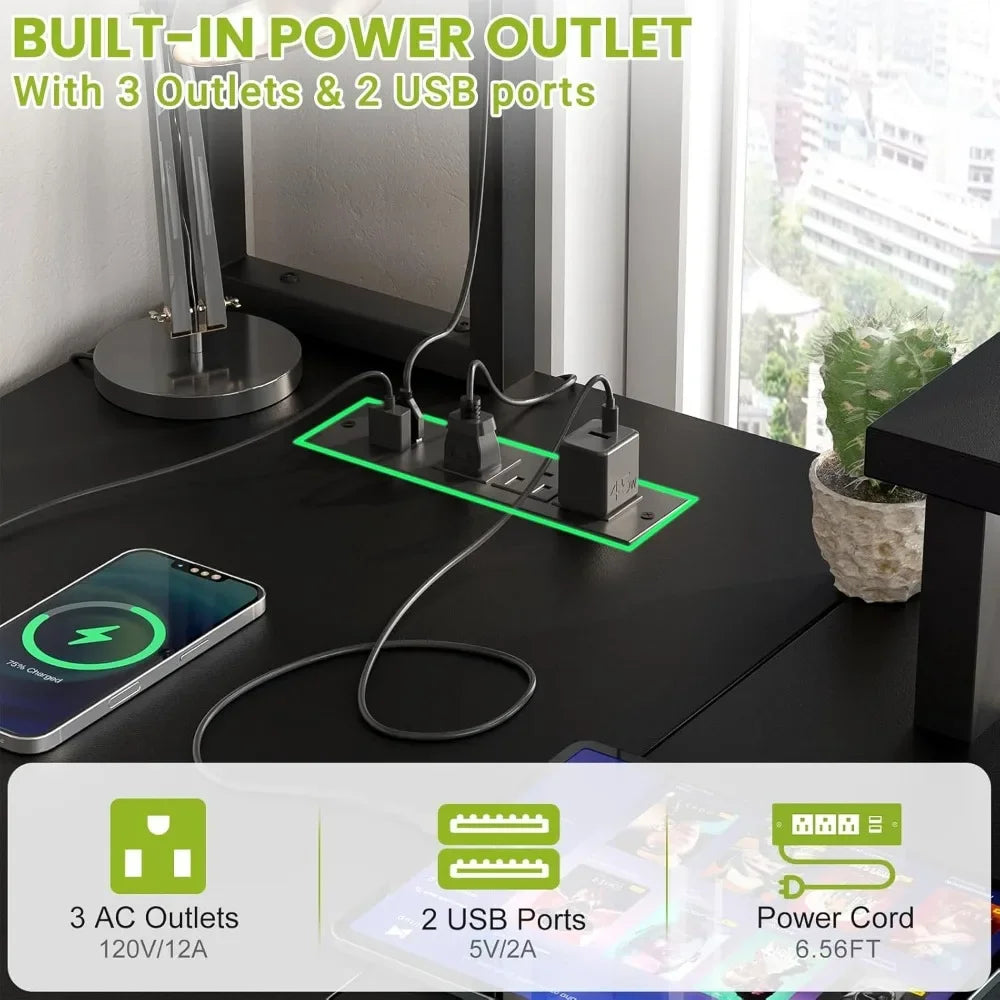 Top Rated Small L Shaped Desk Gaming Desk with Power Outlets, 48" Reversible L Shaped LED Computer Desk with Monitor Stand & Sto