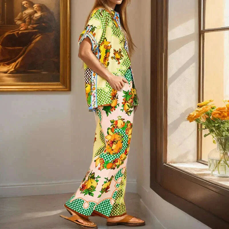 Long Sleeve Long Pant Sets Women Retro Lapel Single Breasted Blouses Trousers 2 Piece Set Printed Color-blocking Elastic Waist