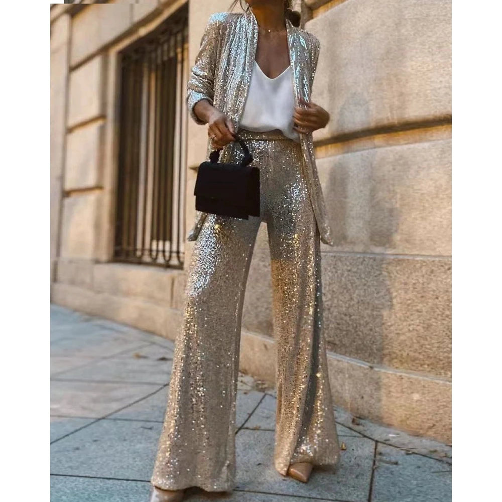 All Over Sequins Long Sleeve Coat Top & Wide Leg Pants Set For Women Korean Style Femme Tow Pieces Set Elegant Wear