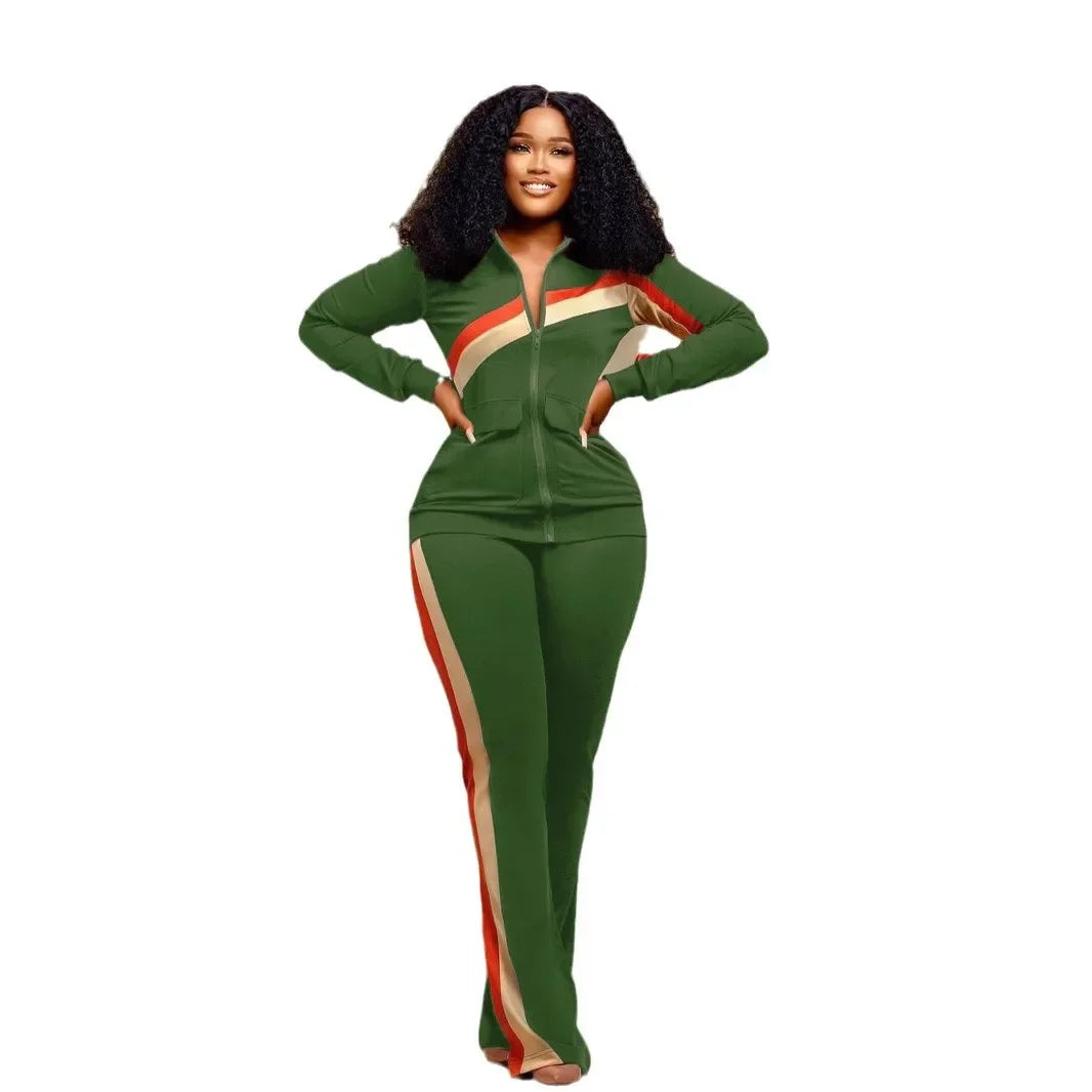TW521 Women's Sports Casual Fashion Two-piece Striped Splicing Set | Kimlud Mid Range Pants