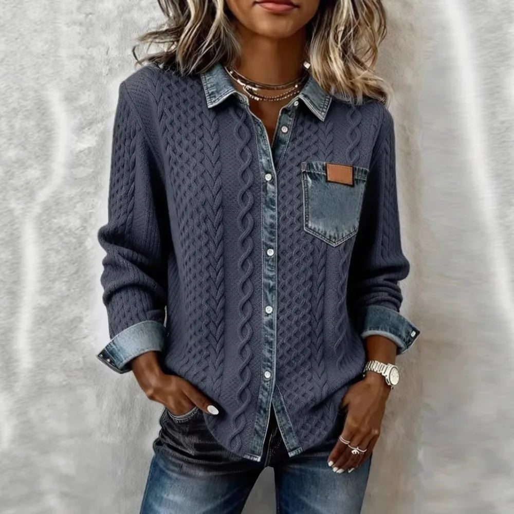 Women knit Denim Shirt Coat Overshirt Vintage Blouse Single Breasted Turn Down Collar Pockets Washed 2025 Office Lady Top Jacket - Kimlud