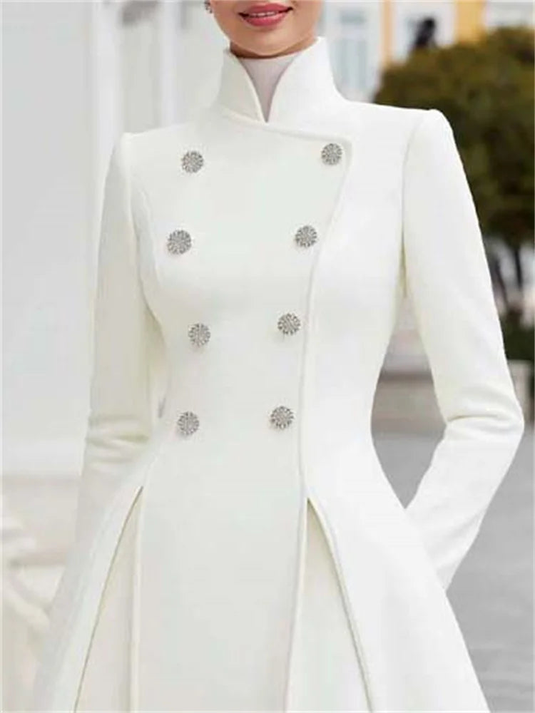 2026 New Women's Elegant White Evening Coat Dress High Neck Double Breasted Long Sleeves Urban Formal Office A-line...