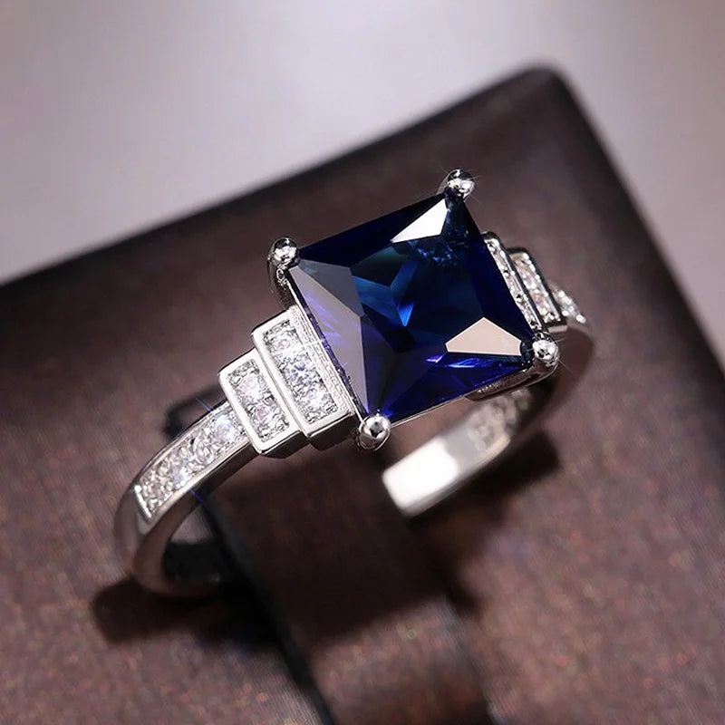 CAOSHI Luxury Blue Crystal Stone Rings with Tiny Flower Cubic Zirconia Pretty Women's Jewelry Elegant Engagement Accessories