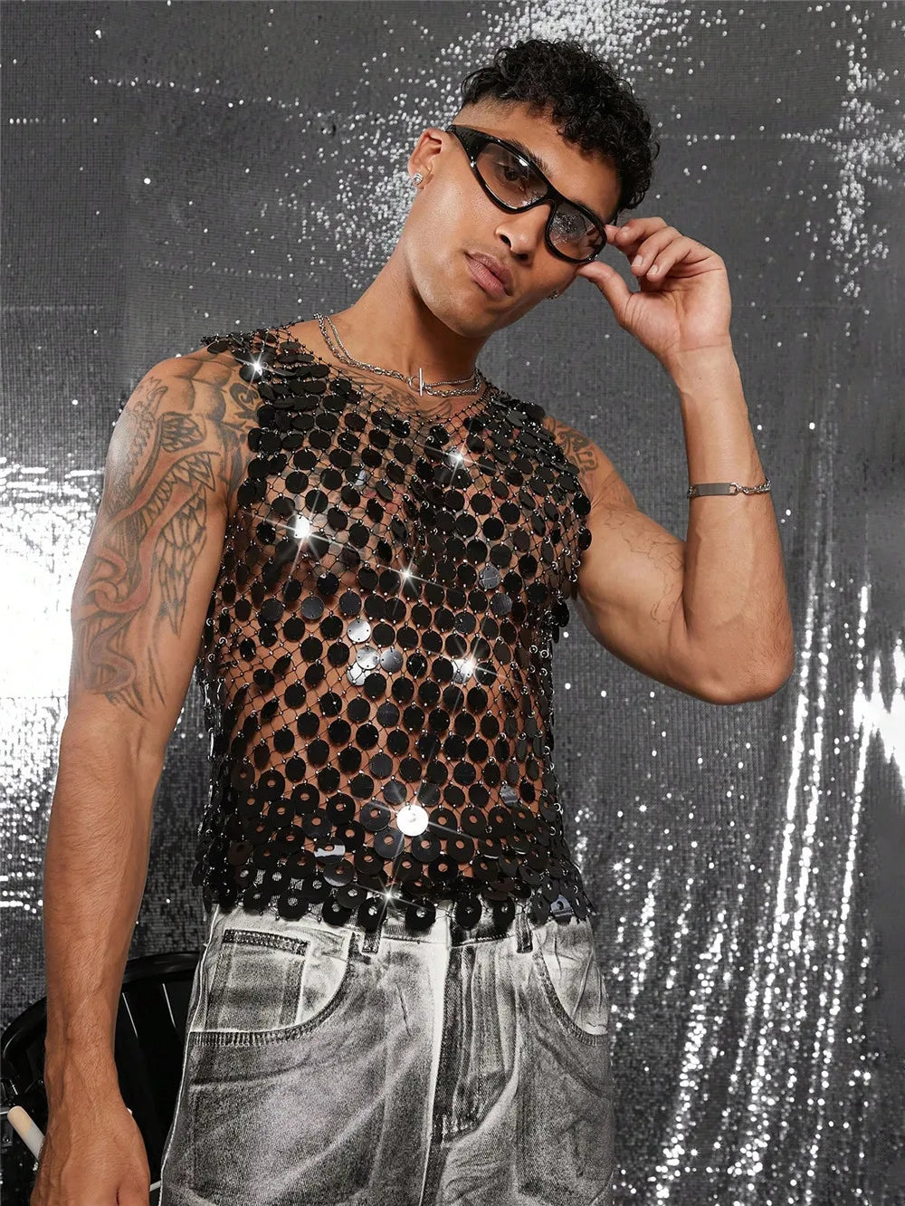 Sparkling Diamond Cut-Out See-Through Vest For Men - New Summer Style Sexy Nightclub Party Fishnet Beaded Outerwear Top - Kimlud