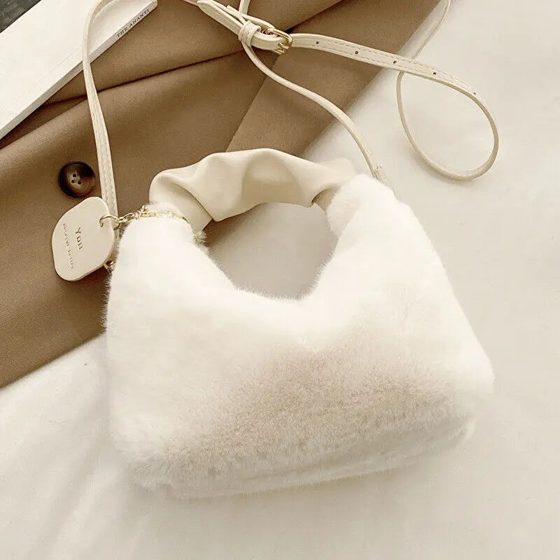 Cute Faux Fur Plush Handbags Ruched Handle Small Lady Shoulder Crossbody Bag Casual Tote Half-Moon Hobos Winter Bags for Women