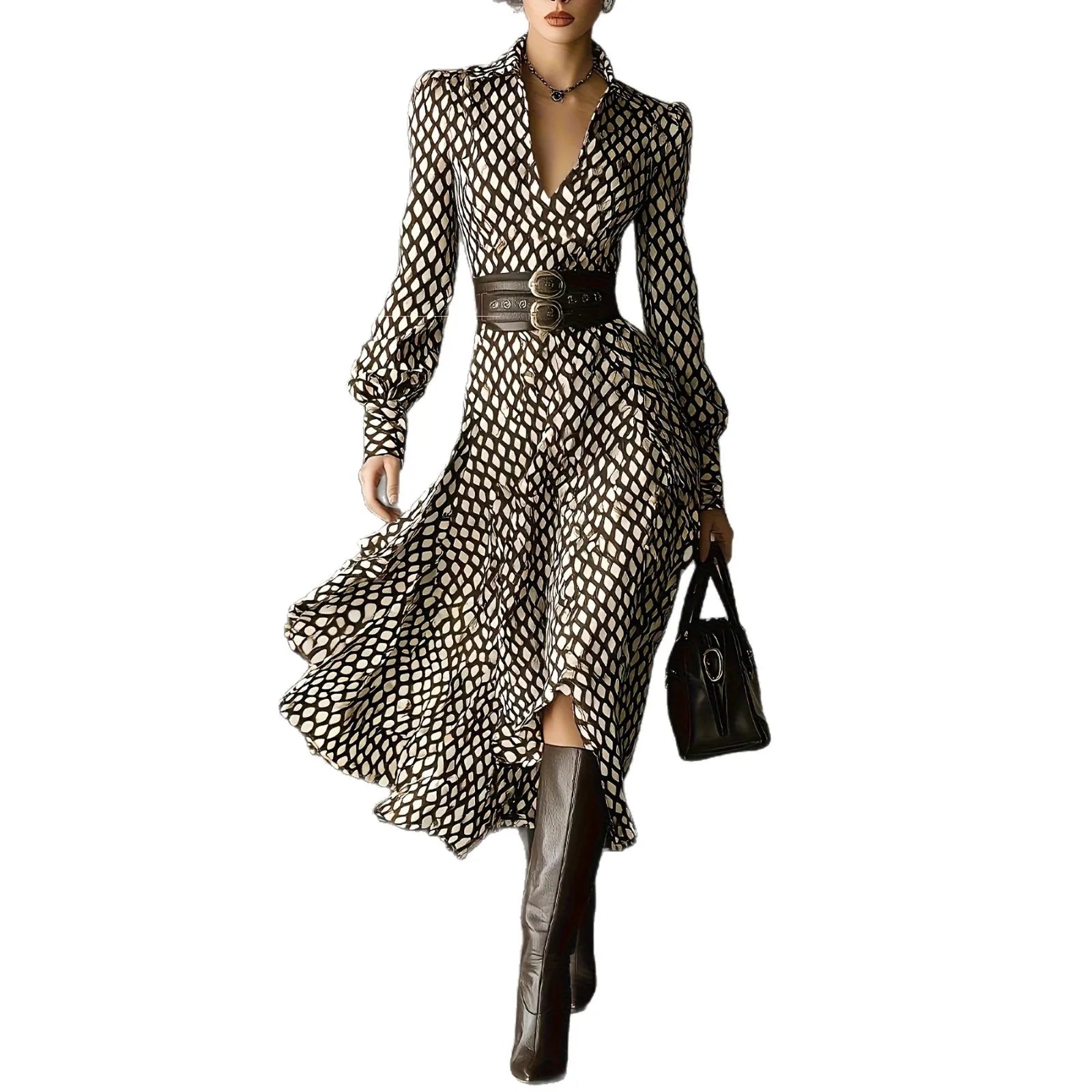 Women's Vintage Plaid Print Shirt Dress V-neck Bubble Long Sleeve High Waist Slim A- line Skirt Elegant Midi Dress Autumn Fashio