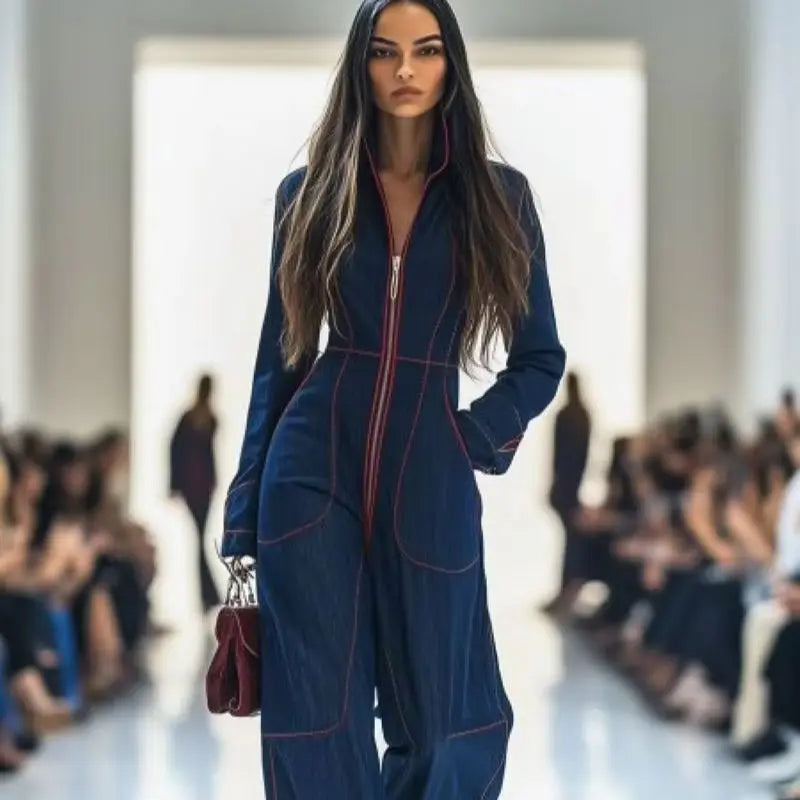 Sexy Women Lapel Retro Zipper Jumpsuit Long Sleeve Wide Leg Denim Style Casual Streetwear Daily Commute Dating Gathering...