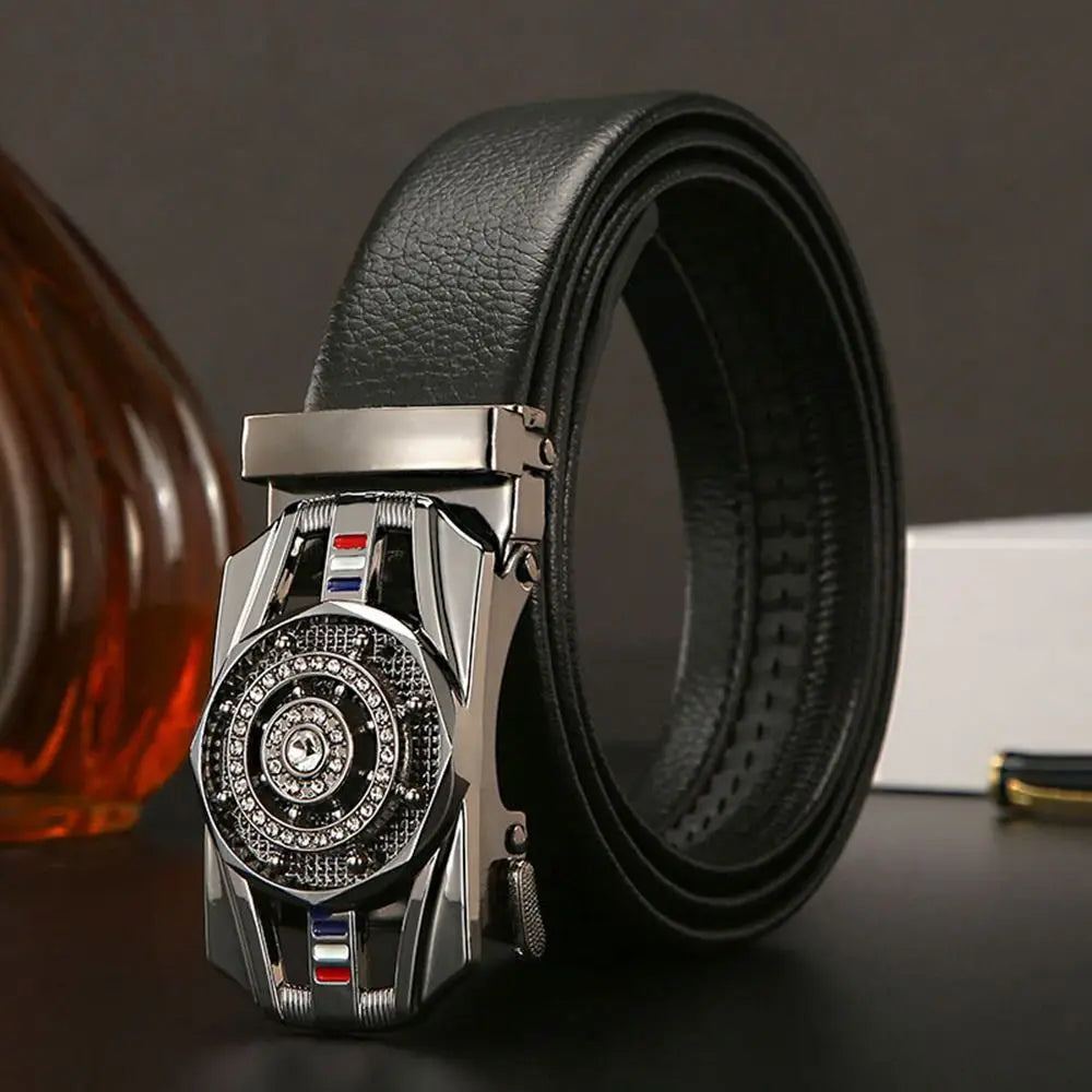Men Business Time To Run Belt Man Automatic Buckle Leather Belt Golden Waist Buckle Males Luxury Belt Rhinestone...