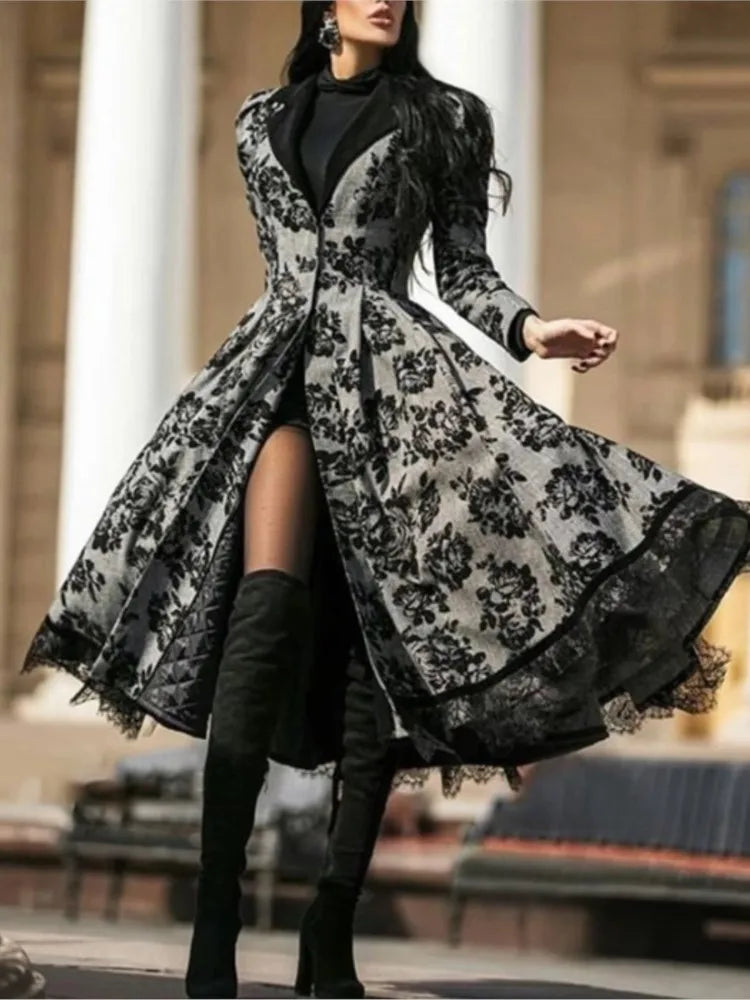 Women New Vintage Print Splicing Lace Trench Coats Autumn Long Sleeve Button Coat Female Casual Big Swing Fashion Party Jackets